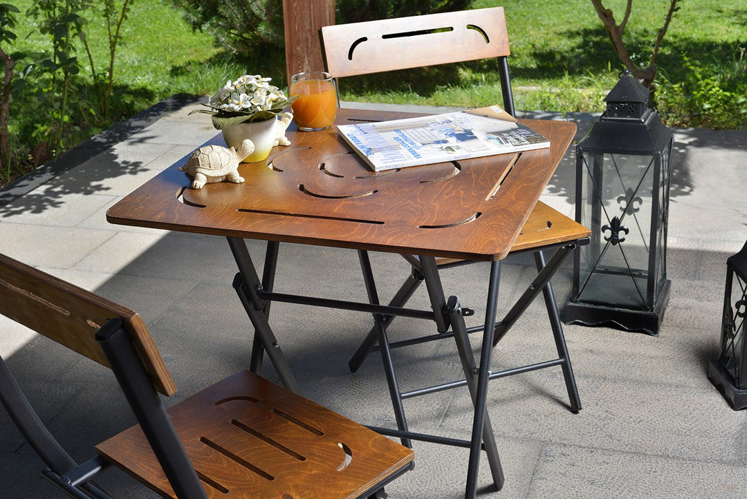 Градински комплект маса и столове, орех и черен