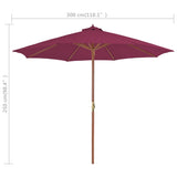 Градински чадър с дървен прът, 300 см, бордо