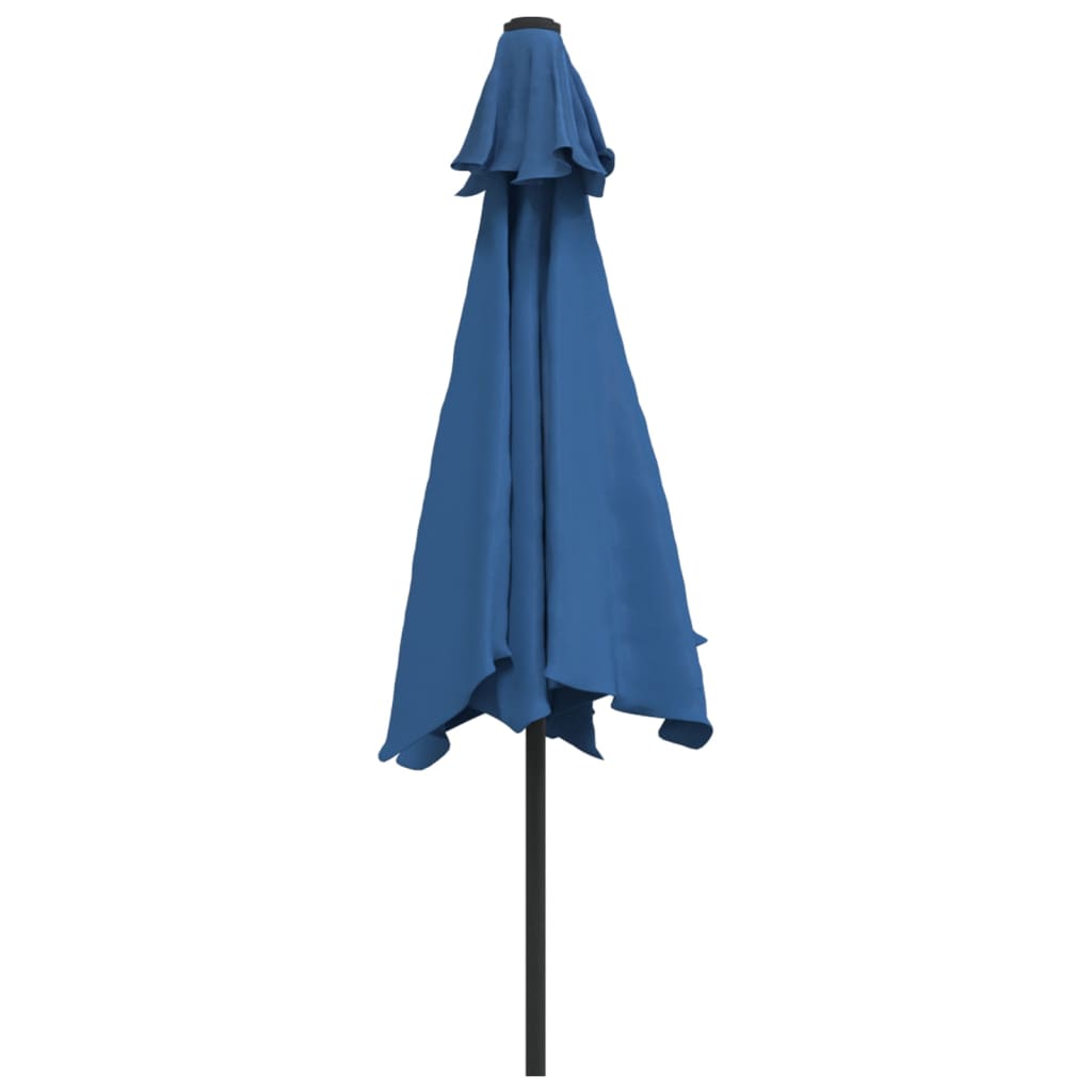 Градински чадър с LED лампички и стоманен прът, 300 см, син