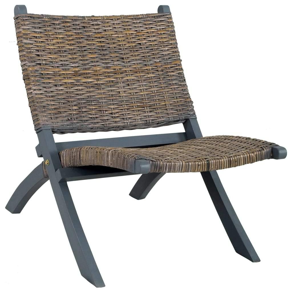 Релаксиращ стол, сив, естествен кубу ратан и махагон масив - Bestgoodshopbg
