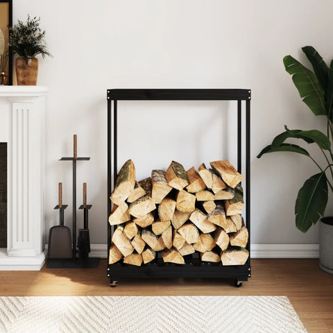 Поставка за дърва с колелца, черна, 76,5x40x108 см, бор масив